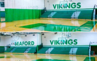 A green and white gym curtain