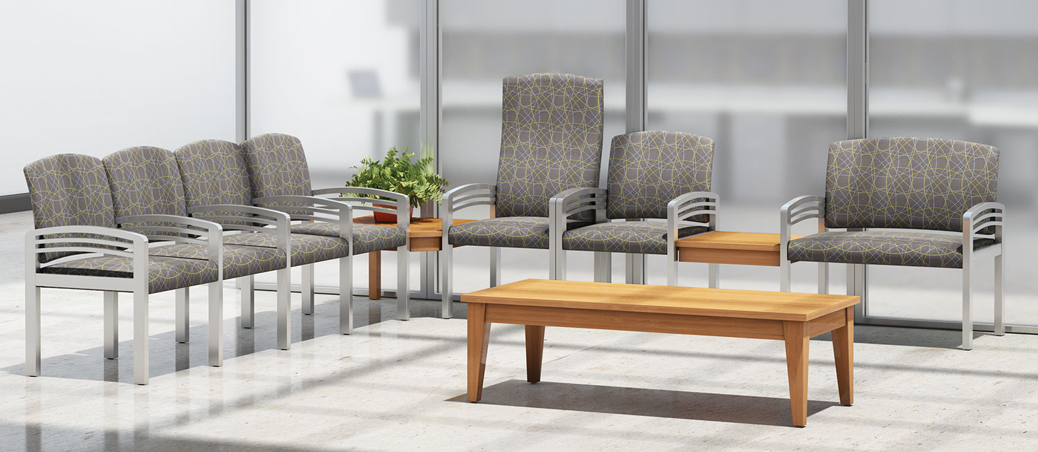 A rendered design of a lobby with chairs